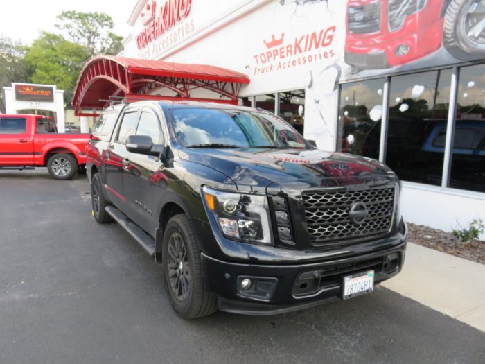 2019 Titan with TK Defender Fiberglass Topper, Roof Rack, Nerf Bar, Vent Visor, Tint, Hitch. Call TopperKING Brandon 813-689-2449 or Clearwater 727-530-9066