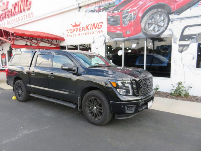 2019 Titan with TK Defender Fiberglass Topper, Roof Rack, Nerf Bar, Vent Visor, Tint, Hitch. Call TopperKING Brandon 813-689-2449 or Clearwater 727-530-9066