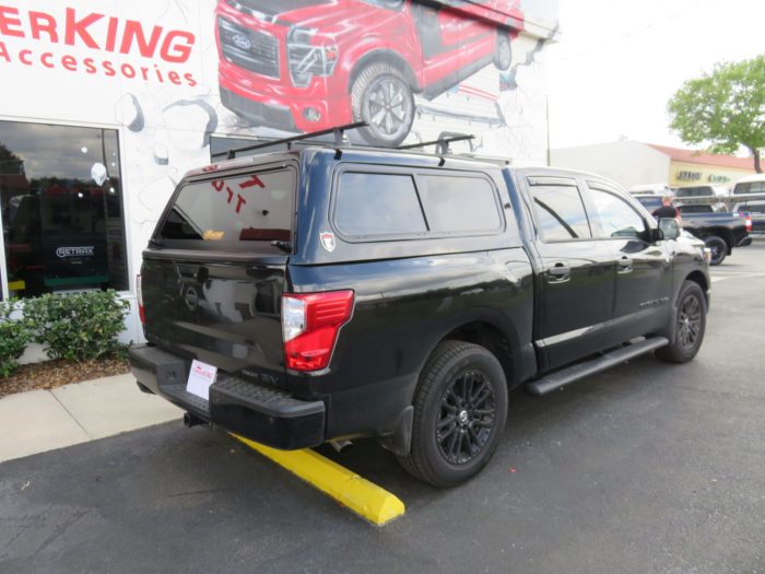 2019 Titan with TK Defender Fiberglass Topper, Roof Rack, Nerf Bar, Vent Visor, Tint, Hitch. Call TopperKING Brandon 813-689-2449 or Clearwater 727-530-9066