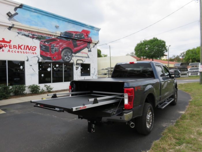 2019 F250 with LEER 350M Trifold Tonneau, BedSlide, Hood Guard, Vent Visors, LOADED! Call TopperKING in Brandon 813-689-2449 or Clearwater 727-530-9066.