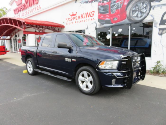 2019 Dodge RAM with Grill Guard, Blacked Out Nerf Bars, Hitch, Tint by TopperKING in Brandon, FL 813-689-2449 or Clearwater, FL 727-530-9066. Call today!