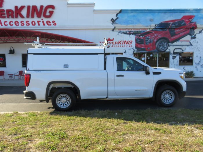 2020 White GMC Sierra with LEER DCC, Roof Racks, and Hitch by TopperKING in Brandon, FL 813-689-2449 or Clearwater, FL 727-530-9066. Call today to start!