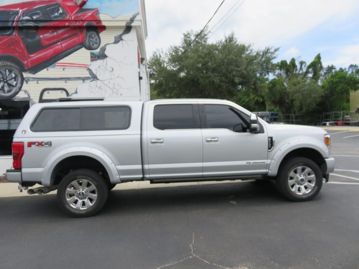 Ford F250 TK Defender and Retractable Step, Fender Flares, Chrome Accessories, Tint, Hitch. Call TopperKING Brandon 813-689-2449 or Clearwater 727-530-9066.