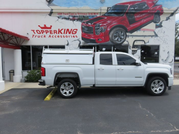 GMC Sierra with LEER DCC Commercial Topper, Side Access Doors, Ladder Rack, Tint, Hitch, Call TopperKING Brandon 813-689-2449 or Clearwater FL 727-530-9066.