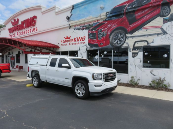 GMC Sierra with LEER DCC Commercial Topper, Side Access Doors, Ladder Rack, Tint, Hitch, Call TopperKING Brandon 813-689-2449 or Clearwater FL 727-530-9066.