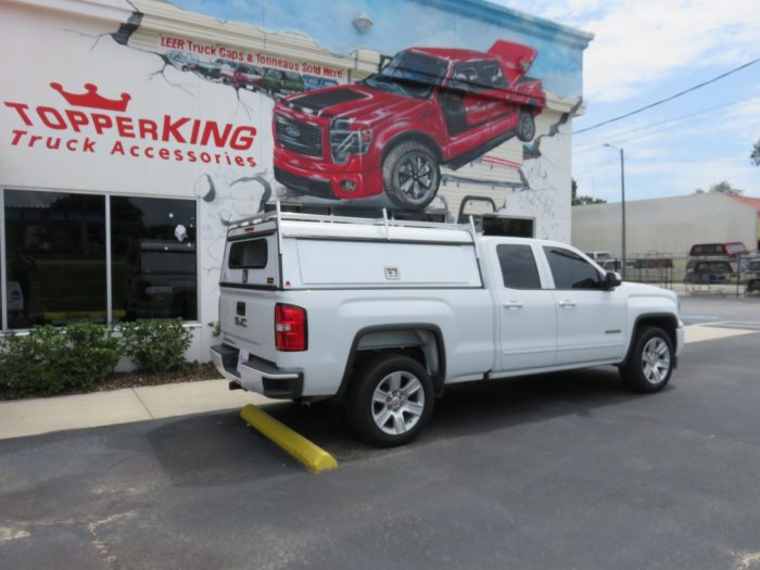 GMC Sierra with LEER DCC Commercial Topper, Side Access Doors, Ladder Rack, Tint, Hitch, Call TopperKING Brandon 813-689-2449 or Clearwater FL 727-530-9066.