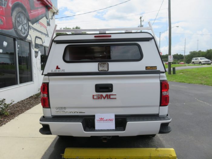 GMC Sierra with LEER DCC Commercial Topper, Side Access Doors, Ladder Rack, Tint, Hitch, Call TopperKING Brandon 813-689-2449 or Clearwater FL 727-530-9066.