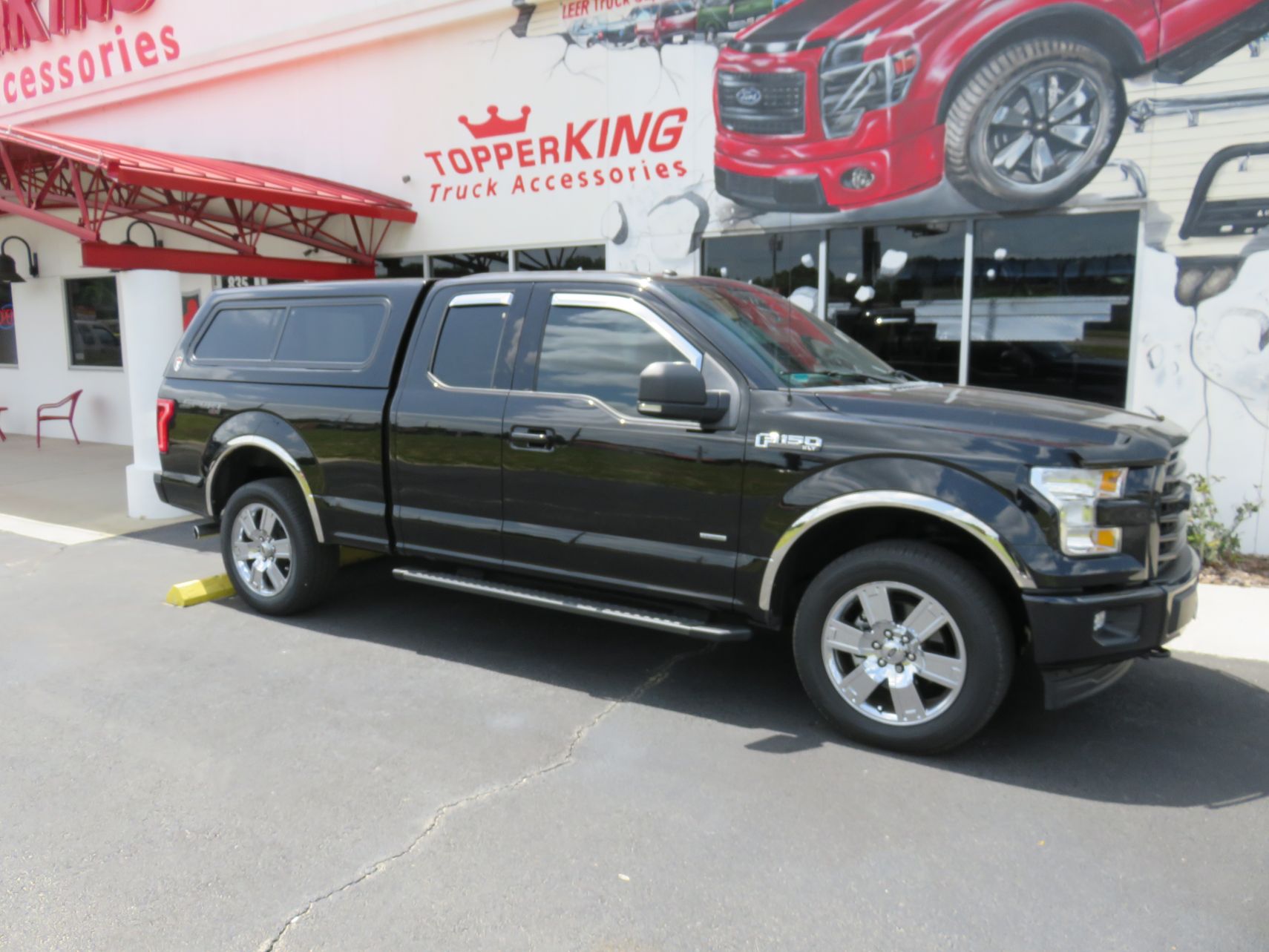 2020 Ford F150 with TK Defender Fiberglass Topper, Chrome Vent Visors, Running Boards Hitch. Call TopperKING Brandon 813-689-2449 or Clearwater 727-530-9066