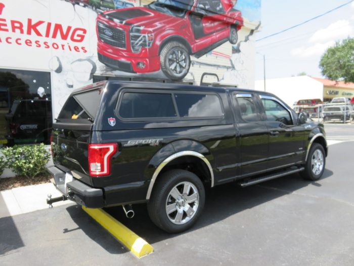 2020 Ford F150 with TK Defender Fiberglass Topper, Chrome Vent Visors, Running Boards Hitch. Call TopperKING Brandon 813-689-2449 or Clearwater 727-530-9066