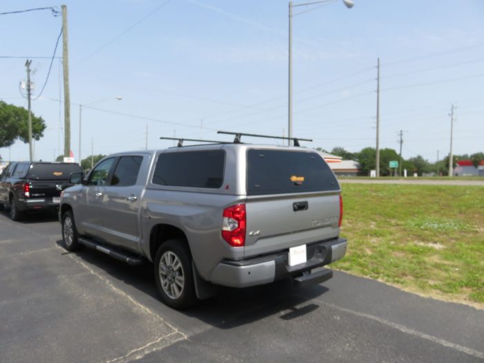 2020 Toyota Tundra with LEER 100XQ, Roof Racks, Nerf Bars, Chrome Accessories, Hitch, Tint. Call TopperKING Brandon 813-689-2449 or Clearwater 727-530-9066!