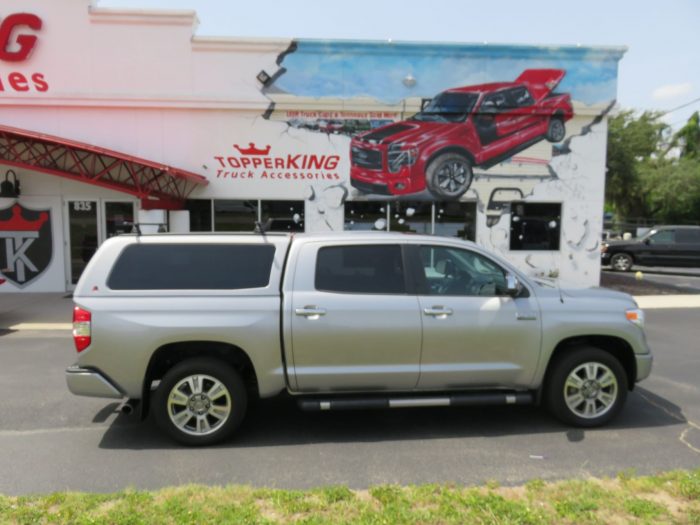 2020 Toyota Tundra with LEER 100XQ, Roof Racks, Nerf Bars, Chrome Accessories, Hitch, Tint. Call TopperKING Brandon 813-689-2449 or Clearwater 727-530-9066!