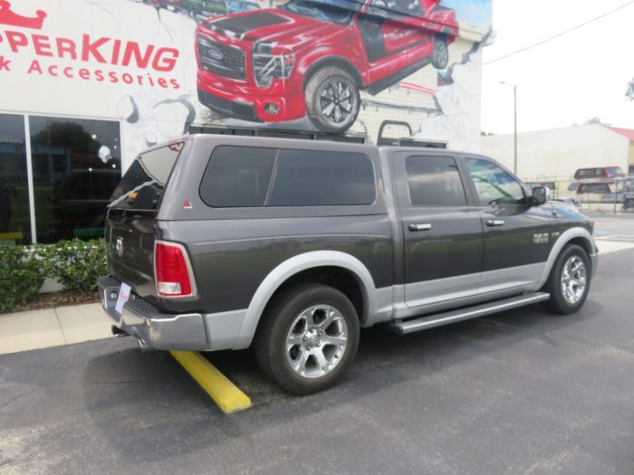 2018 Dodge RAM with LEER 100XL Fiberglass Topper, Nerf Bars, Chrome, Tint, Hitch. Call TopperKING Brandon 813-689-2449 or Clearwater, FL 727-530-9066.