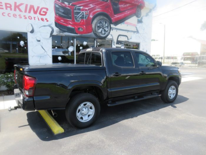 2020 Toyota Tacoma with Ranch Legacy Fiberglass Lid, Nerf Bars, Bug Guard, Tint, Hitch. Call TopperKING Brandon 813-689-2449 or Clearwater FL 727-530-9066.