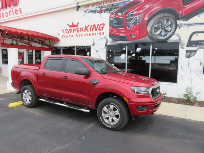 2020 Ford Ranger with LEER 700 Fiberglass Lid, Vent Visors, Nerf Bars, Tint, Hitch. Call TopperKING in Brandon 813-689-2449 or Clearwater, FL 727-530-9066.