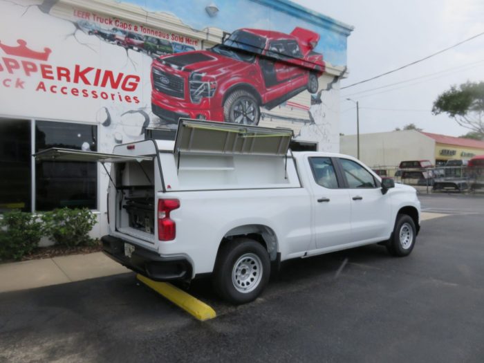 2020 Chevy Silverado with LEER DCC, Side Access, Full Back Door, Tool Boxes, Decked, Hitch. Call TopperKING Brandon 813-689-2449 or Clearwater 727-530-9066.