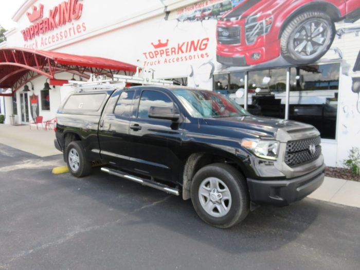 2018 Toyota Tundra with LEER 100RCC, Roof Racks, Side Access, Nerf Bars, Hitch by TopperKING Brandon 813-689-2449 or Clearwater 727-530-9066.