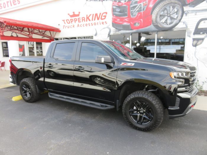 2020 Chevrolet Silverado with LEER 350M Side Steps, Hitch, Tint by TopperKING Brandon 813-689-2449 or Clearwater FL 727-530-9066. Call today!