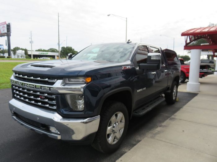 2020 Chevy Silverado with LEER 100R, Black out Nerf Bars, Hitch, Tint by TopperKING Brandon 813-689-2449 or Clearwater FL 727-530-9066. Call!