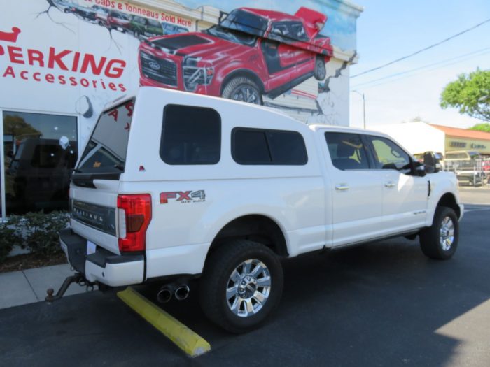 2020 Ford F250 with LEER 122 Fiberglass Cap, Chrome, Hitch, Tint by TopperKING Brandon 813-689-2449 or Clearwater FL 727-530-9066. Call Us!