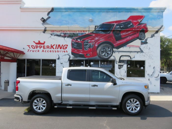 2021 Chevy Silverado with TruXport, Nerf Bars, Window Graphic, tint Call TopperKING Brandon 813-689-2449 or Clearwater FL 727-530-9066 today!