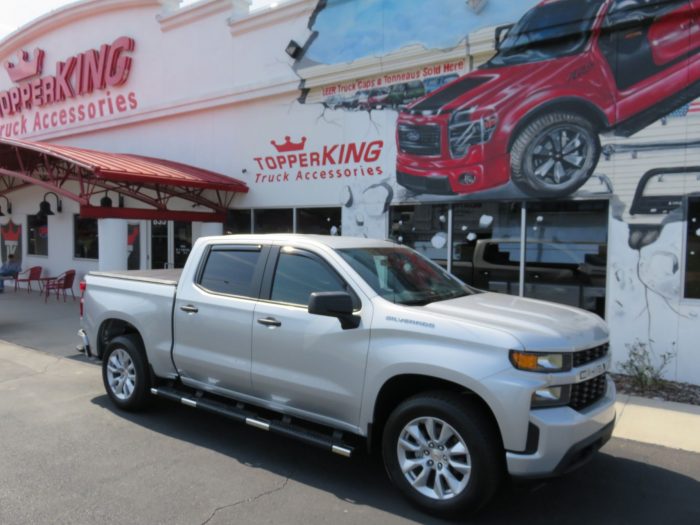 2021 Chevy Silverado with TruXport, Nerf Bars, Window Graphic, tint Call TopperKING Brandon 813-689-2449 or Clearwater FL 727-530-9066 today!