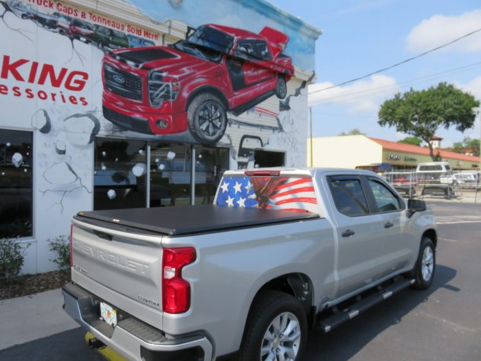 2021 Chevy Silverado with TruXport, Nerf Bars, Window Graphic, tint Call TopperKING Brandon 813-689-2449 or Clearwater FL 727-530-9066 today!